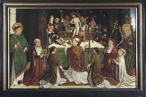 Gregoriusmis met H. Potentinus van Steinfeld, H. Andreas en de stichter abt Reinier Hundt, 1486, Maître de la Sainte Parenté le Jeune