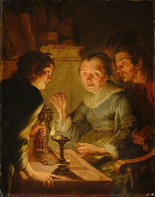 An old Woman weighing Gold: 'Avarice', 1642, Jacques de l'Ange