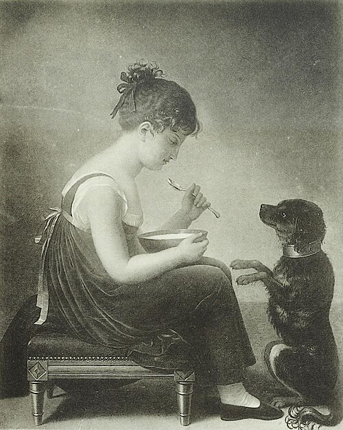 Une petite fille déjeunant avec son chien et lui faisant faire la révérence, 1812, Jeanne-Élisabeth Chaudet