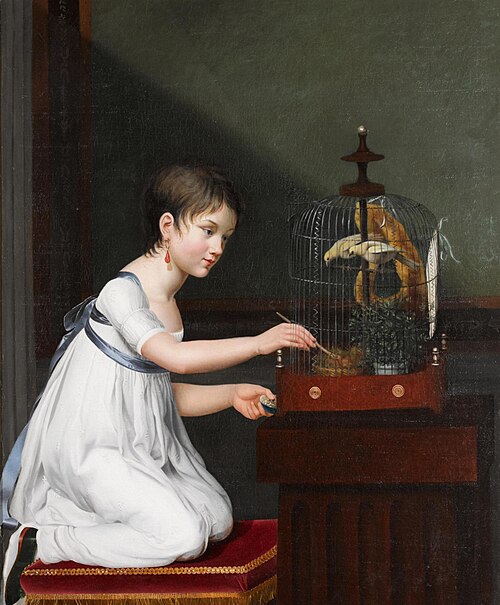 Une jeune fille nourrissant ses oiseaux dans une cage, 1810, Jeanne-Élisabeth Chaudet