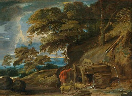 Wooded landscape with shepherd and sheep near a waterway, 1644, Frans Wouters