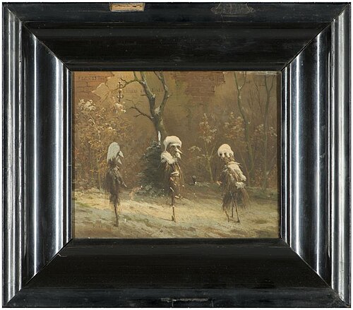 Drie met stro ingepakte stamrozen bedekt met sneeuw die op mensen lijken, 1877, Aegidius August Clemens Schönstedt