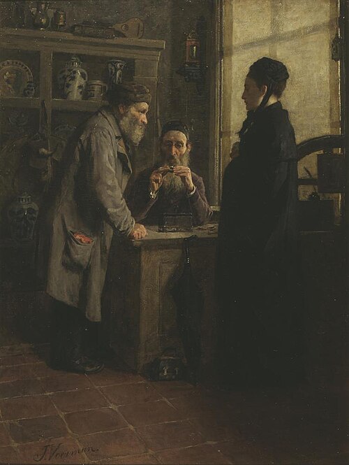Bij den antiquair [Een weduwe bij den uitdrager, 1884, Jan Voerman