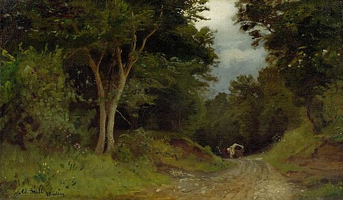Waldlandschaft mit einem Fuhrwerk im Hintergrund, 1901, Adolf Stäbli