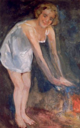 Meisje warmt zich bij open haard, 1920, Simon Maris