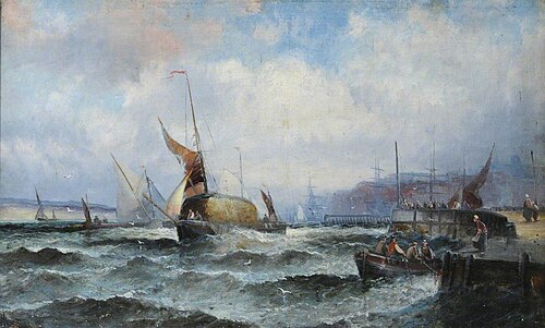 Estuary Scene with Thames Barges and People in Rough Weather, , William Thornley