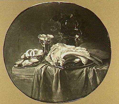 Oval still life with ham, salt cellar and lemon, 1650, Jasper Geeraards