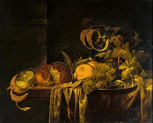 Still life with fruit, bread, and glassware, 1625, Jasper Geeraards