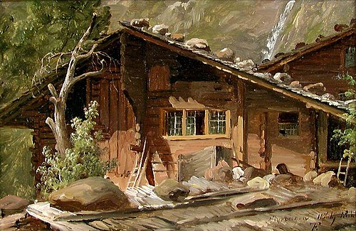 Farmhouses in Meiringen in Switzerland, 1835, Thomas Fearnley