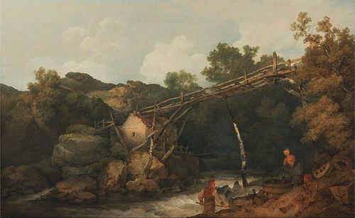 A View near Matlock, Derbyshire with Figures Working beneath a Wooden Conveyor, 1785, Philippe-Jacques de Loutherbou