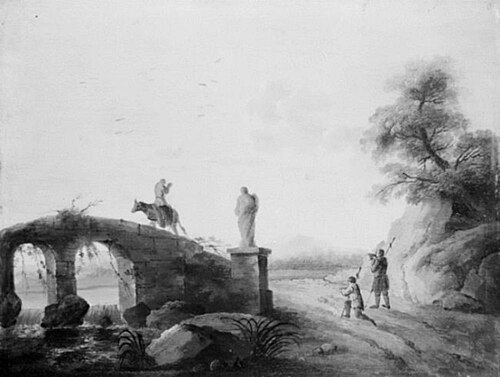 Paysage avec pont orné d'une statue, 1783, Philippe-Jacques de Loutherbou
