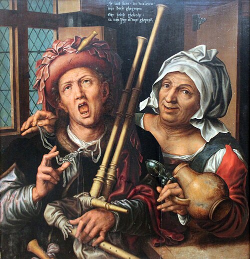 Bagpipeplayer and a woman with a jar, 1571, Pieter Huys