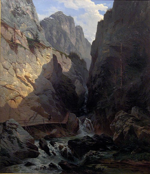Narrow pass and mountain river at Kesselbach, Bavaria, 1863, François Roffiaen