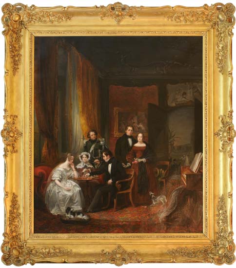 Groepsportret van A. J. Duymaer van Twist schakend met zijn (aanstaande) vrouw temidden van haar fam, 1837, Johanna Aleida Budde