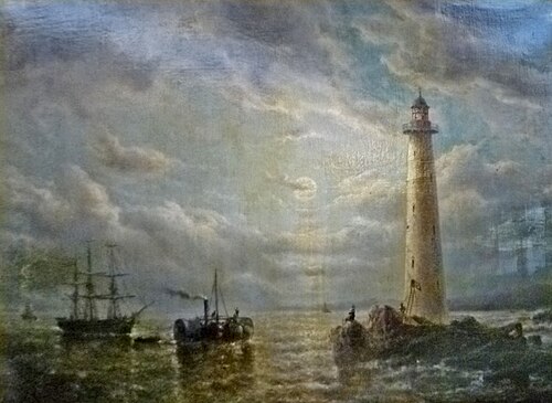 Marine avec bateaux, phare et personnages, , François Musin