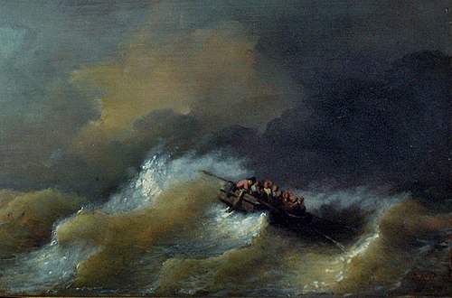 Rowing boat in stormy weather, , François Musin