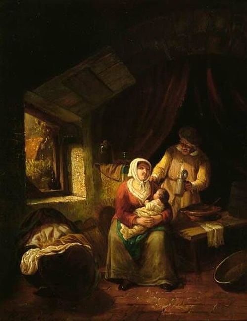 Boereninterieur met man en vrouw met kind op schoot, 1840, Petrus Marius Molijn