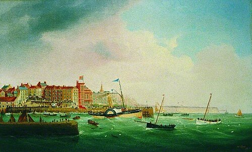 The Steam Paddle Tug 'May' Pulling out of Bridlington Harbour, East Riding of Yorkshire, 1890, William Daniel Penny