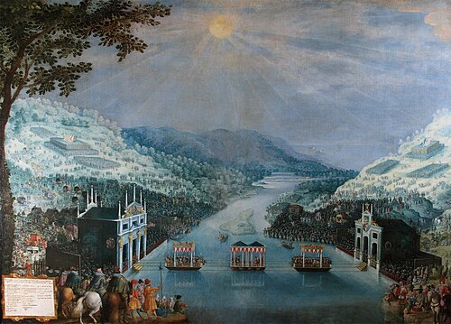 Échange des princesses Anne d'Autriche et Isabelle de Bourbon sur la rivière Bidassoa, 1616, Pieter van der Meulen