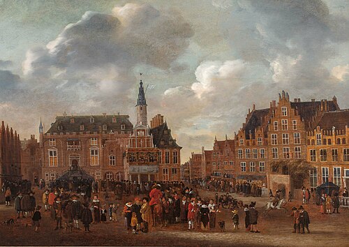 The announcement of the Piece of Münster in 1648 from the balcony of the town hall on the Grote Mark, 1660, Gillis Rombouts