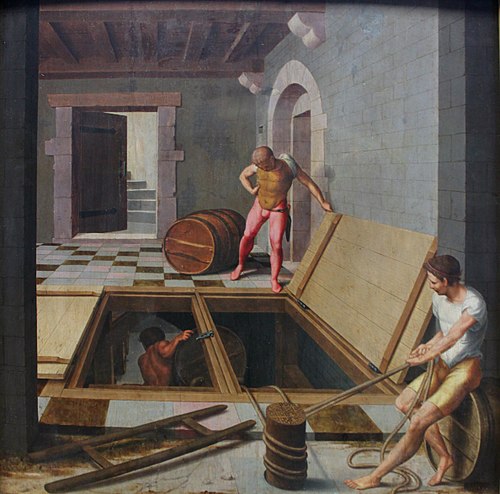 Trois hommes descendant des tonneaux dans une cave, 1537, Bartholomeus Pons