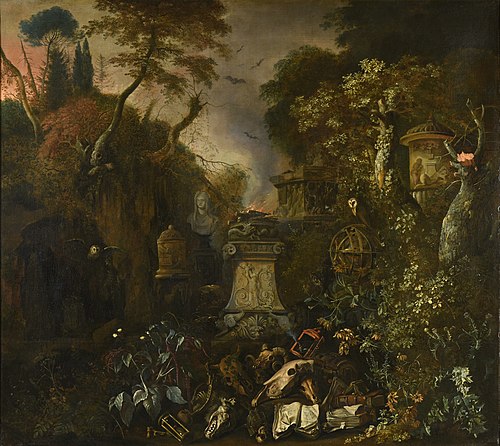 Paysage de cimetière la nuit, 1650, Matthias Withoos