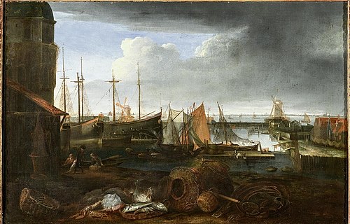 View of the harbor of Hoorn, with a still life of fish and baskets in the foreground, 1675, Matthias Withoos