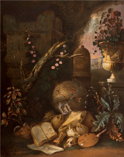 Vanitasstilleven met globe en palet, 1660, Matthias Withoos