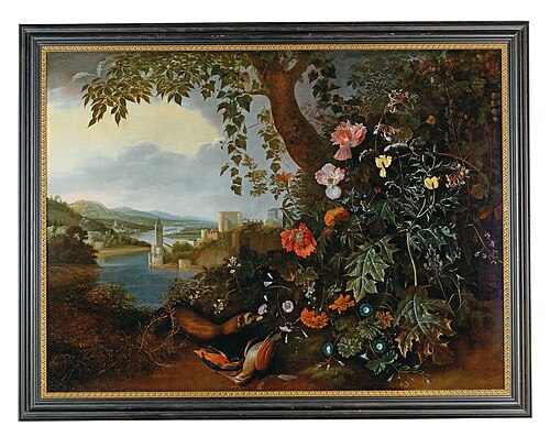 Sottobosco met landschap en jachtstilleven, 1670, Matthias Withoos