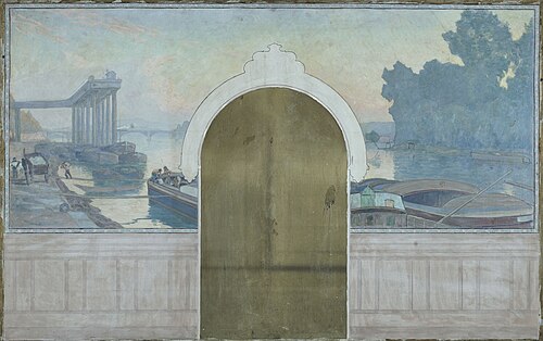 Esquisse pour la salle de mariages de la mairie d'Asnières : Paysage. Péniches sur la Seine, avec le, 1900, Henry Bouvet