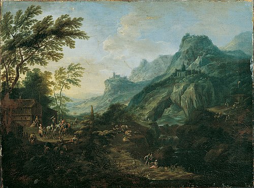 Mountain landscape with a rock arch, 1737, Maximilian Joseph Schinnagl