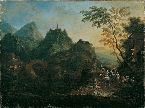 Mountain landscape with a stone bridge, 1737, Maximilian Joseph Schinnagl