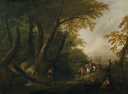 Waldlandschaft mit Gewässer links, , Maximilian Joseph Schinnagl