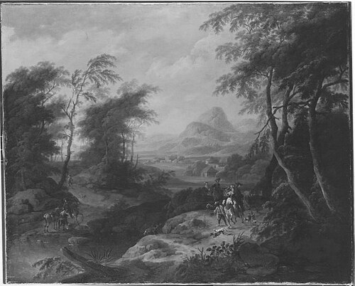 Südliche Berglandschaft mit Auszug zur Reiherbeize, 1729, Maximilian Joseph Schinnagl