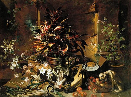 Still life with potted plants and roses, a dog, a basket of apples, fennel, and a semi-plucked roost, 1707, Nicola van Houbraken