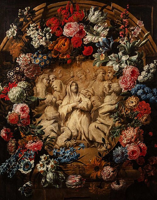 Trompe l'oeil with a marble bas relief representing the Pentecost with flowers, 1703, Nicola van Houbraken