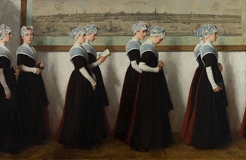 Amsterdamse weesmeisjes in een gang voor een stadsprofiel van Amsterdam, 1915, Nicolaas Waay