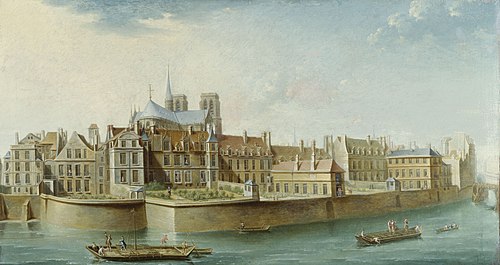 Le Cloître Notre-Dame, vu de l'île Saint Louis (quai d'Orléans), 1753, Nicolas-Jean-Baptiste Raguenet