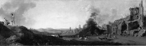 Landcape with shephards dancing near classical ruins, 1635, Dirck van der Lisse
