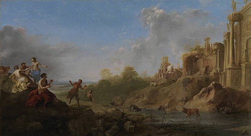 Ruinenlandschaft mit tanzendem Faun, 1638, Dirck van der Lisse