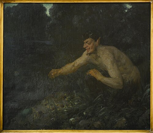 Faun hurkend bij een plas, 1879, Frans Hermesdorf