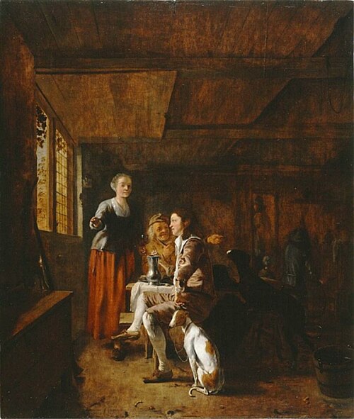 Hunters and a landlady in an inn, 1650, Ludolf Leendertsz. de Jongh