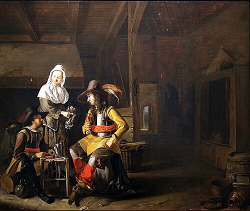 Soldiers drinking in an inn in the presence of a landlady, 1652, Ludolf Leendertsz. de Jongh