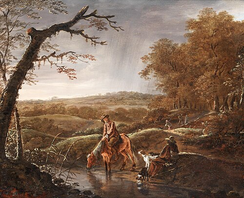 Hunters at rest with a horse and dog near a stream, 1650, Ludolf Leendertsz. de Jongh