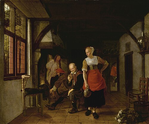 Interior with a Maid holding a Jug and Three Men by the Fire, 1666, Ludolf Leendertsz. de Jongh