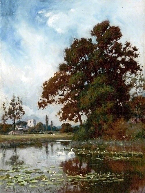 Landscape (Mere, Swans, Church in Background), , Peter Ghent