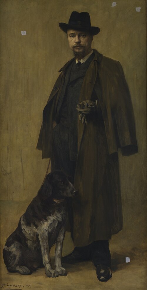 Portret van de fotograaf en kunstschilder Herman A. Bopp (1869-1914) met hond, 1907, Henri Goovaerts