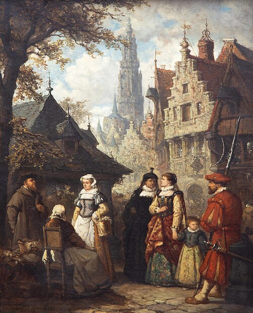 Noble women going to the market in Antwerp, 1879, Hendrik Frans Schaefels
