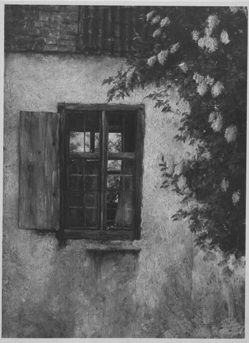 Ecke eines Landhauses mit rotverhängtem Fenster (Altes Haus mit Holunder), 1875, Georg Buchner