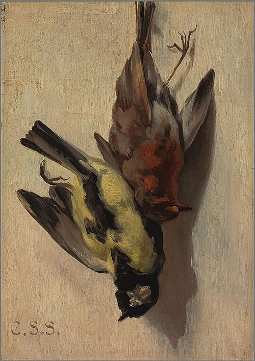 A Great Tit and a Robin, 1900, Cornelis Samuel Stortenbeker